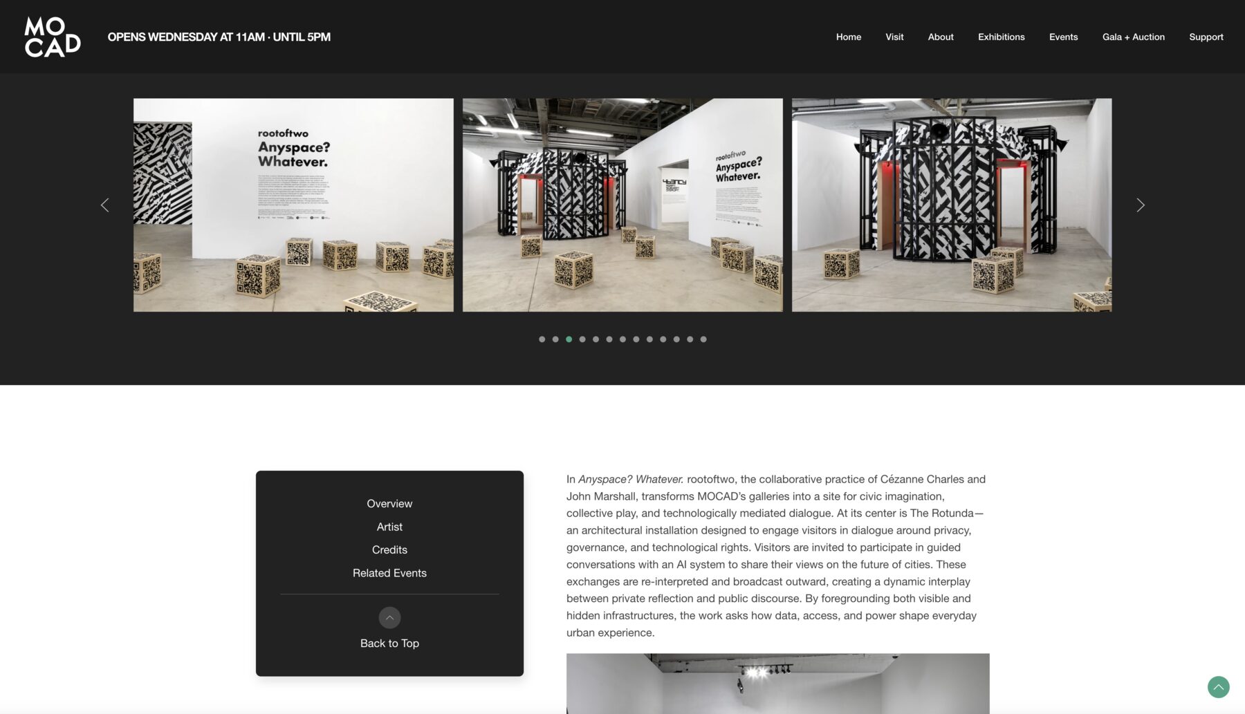 A live exhibition record with an installation photography carousel, curatorial text, and a jump menu listing overview, artist, credits and related events